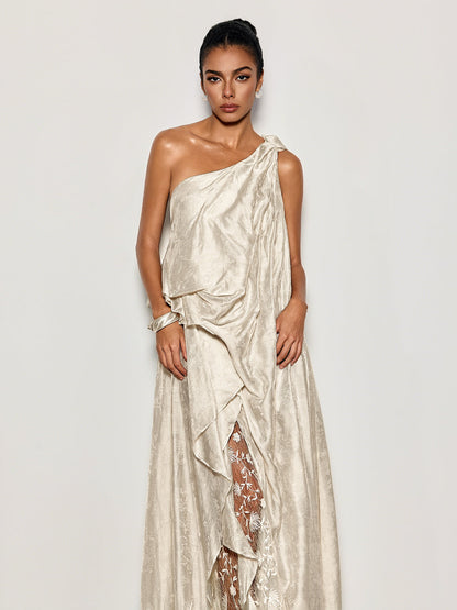 Czelaw One Shoulder Lace Maxi Dress In White