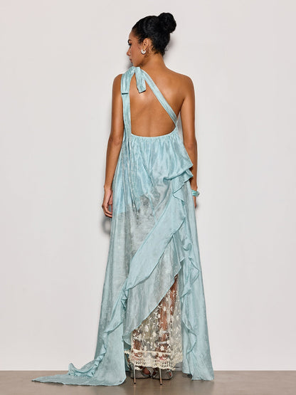 Czelaw One Shoulder Lace Maxi Dress In Icy Blue