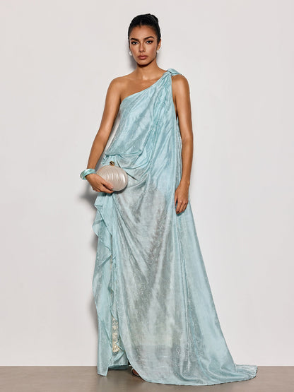 Czelaw One Shoulder Lace Maxi Dress In Icy Blue