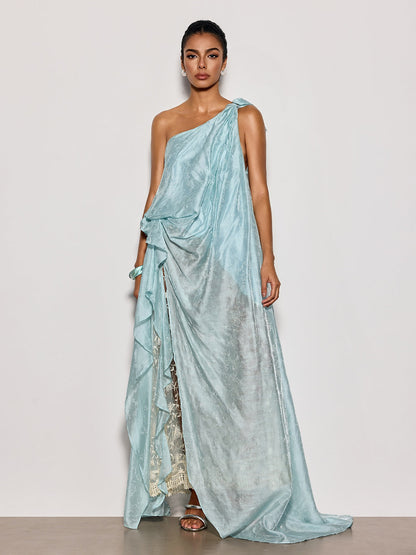 Czelaw One Shoulder Lace Maxi Dress In Icy Blue