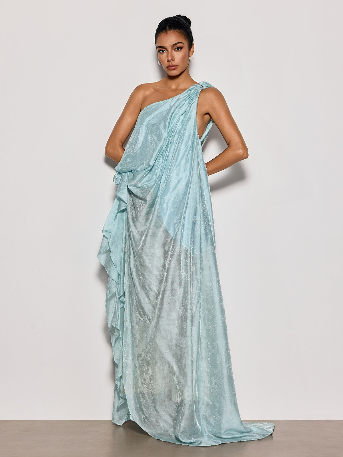 Czelaw One Shoulder Lace Maxi Dress In Icy Blue