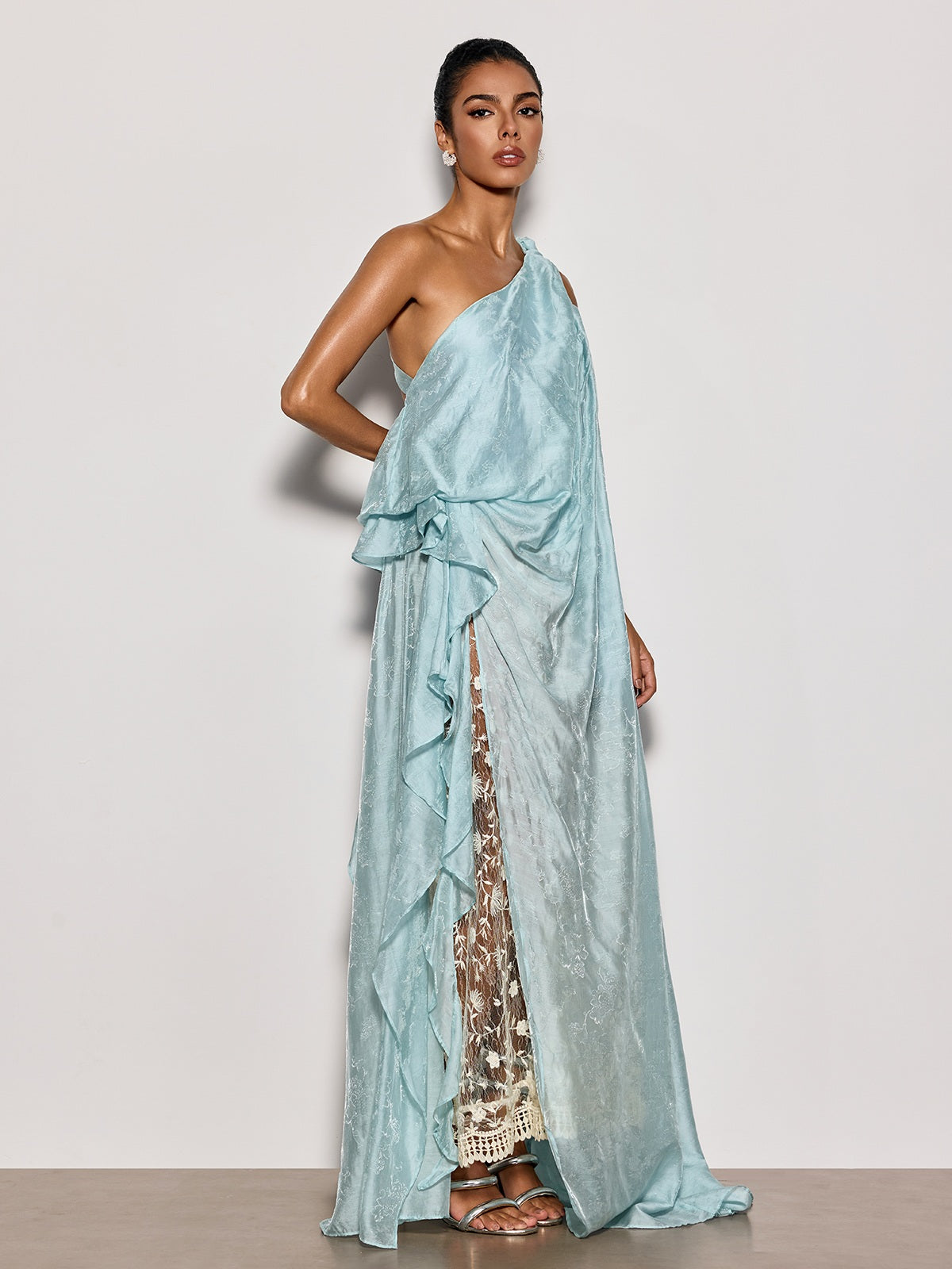 Czelaw One Shoulder Lace Maxi Dress In Icy Blue