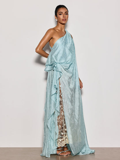 Czelaw One Shoulder Lace Maxi Dress In Icy Blue