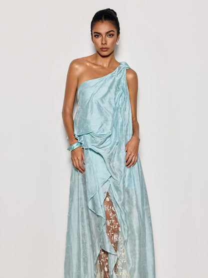 Czelaw One Shoulder Lace Maxi Dress In Icy Blue
