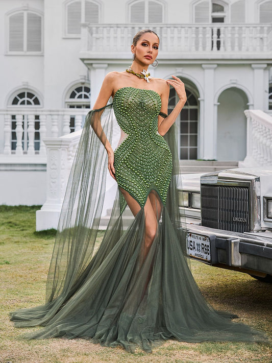 Rosstef Off Shoulder Rhinestone Mesh Maxi Dress