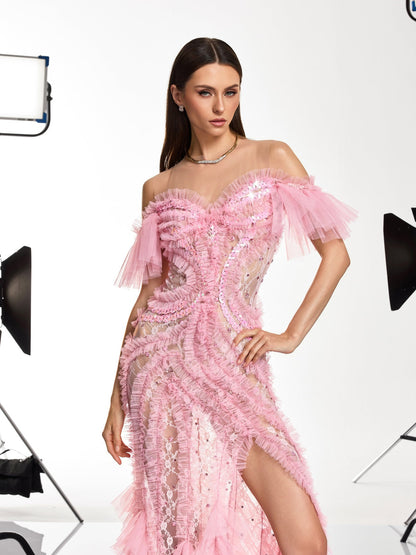Daenerys Tulle Trimmed Crystal Maxi Dress