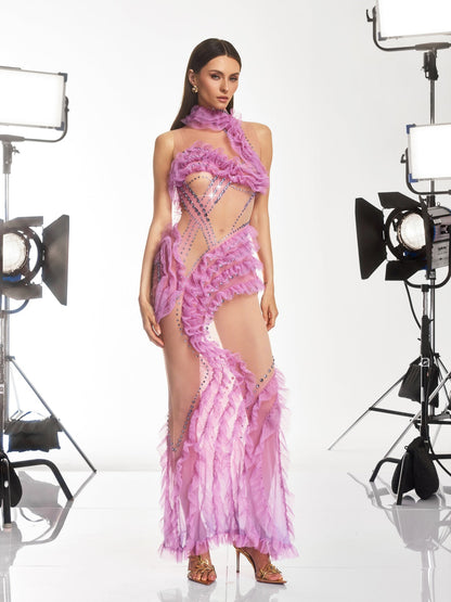 Dagur Crystal Tulle Trimmed Mesh Dress