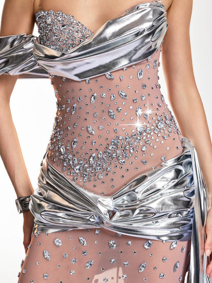 Dallan Strapless Crystal Metallic Dress