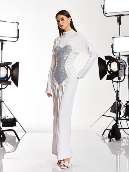 Damali Long Sleeve Heart Rhinestone Maxi Dress