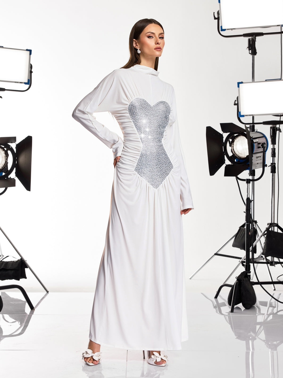 Damali Long Sleeve Heart Rhinestone Maxi Dress