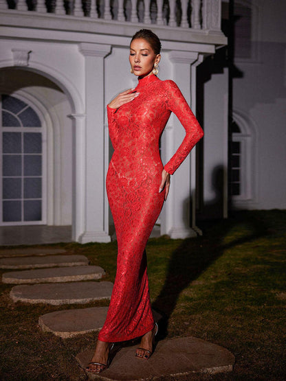 Damien Long Sleeve Lace Maxi Dress In Red