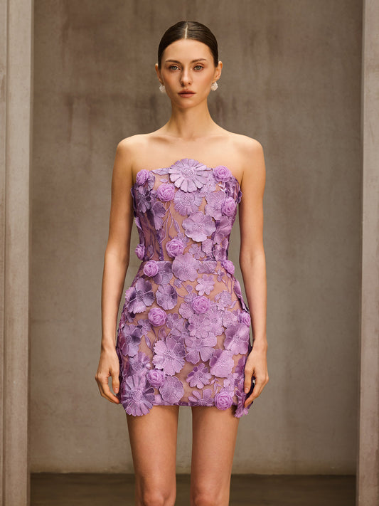 Rosstef Flower Embroidered Strapless Mini Dress