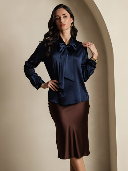 Rosstef 19Momme Silk Long Sleeve Tie Neck Blouse