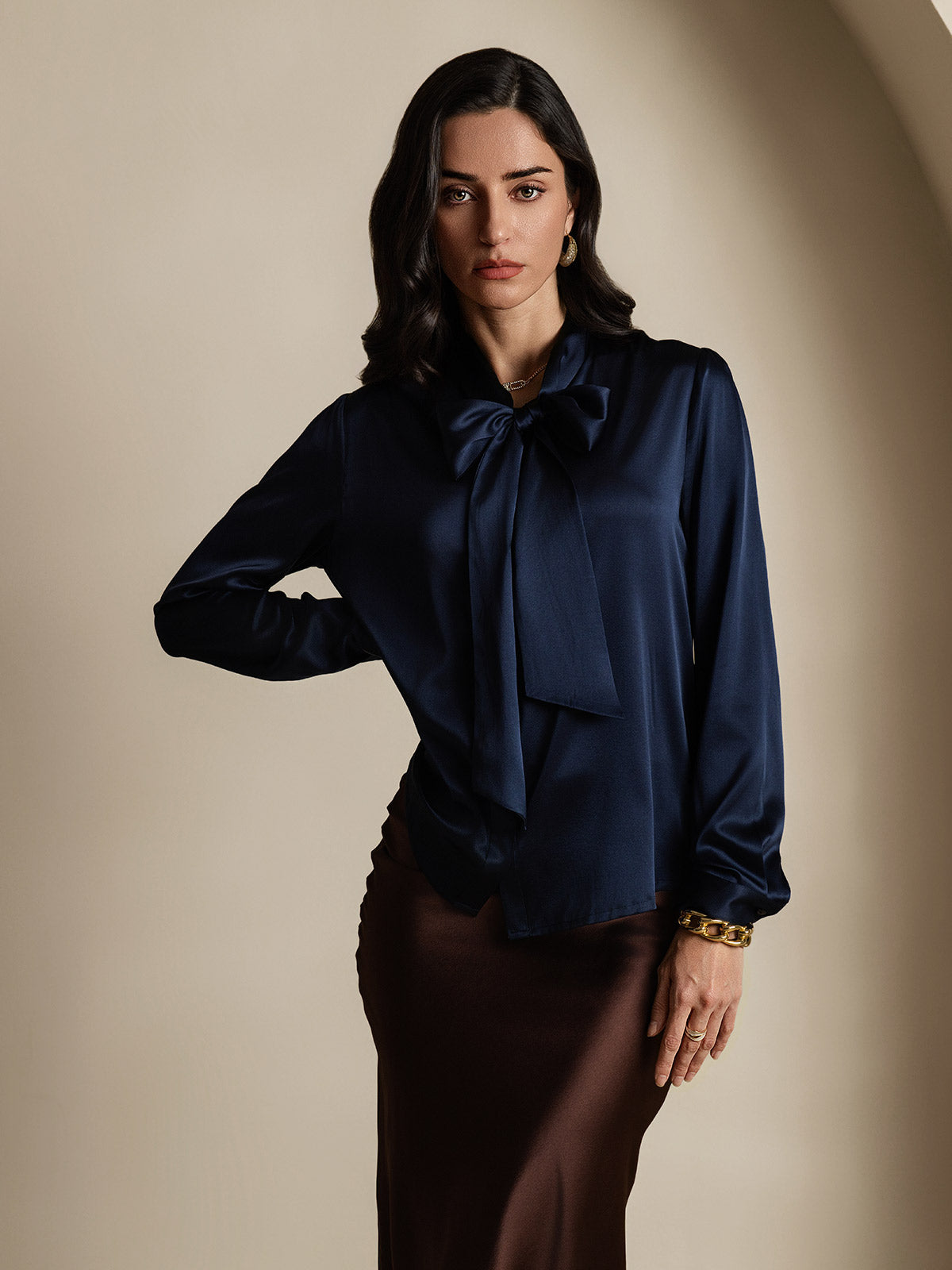 Rosstef 19Momme Silk Long Sleeve Tie Neck Blouse
