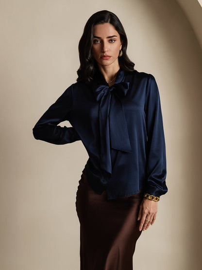 Rosstef 19Momme Silk Long Sleeve Tie Neck Blouse
