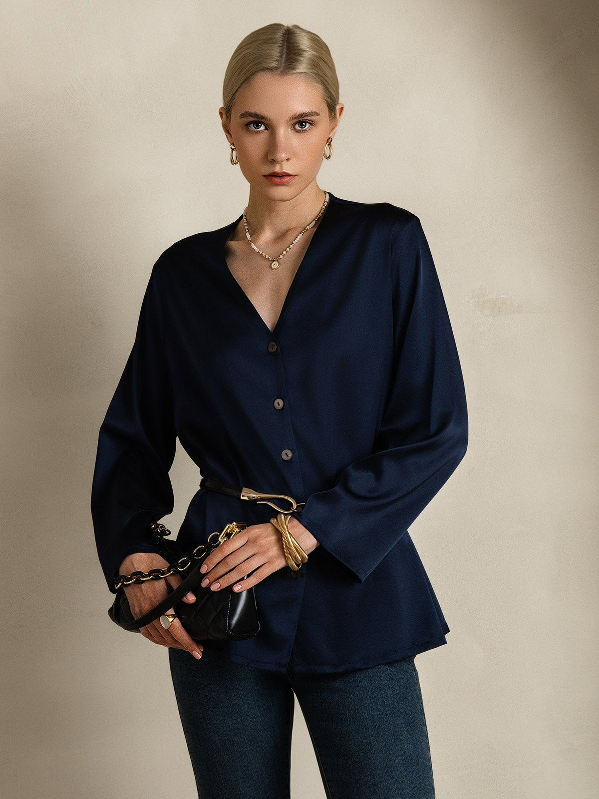Rosstef 19Momme Silk Long Sleeve V-Neck Blouse