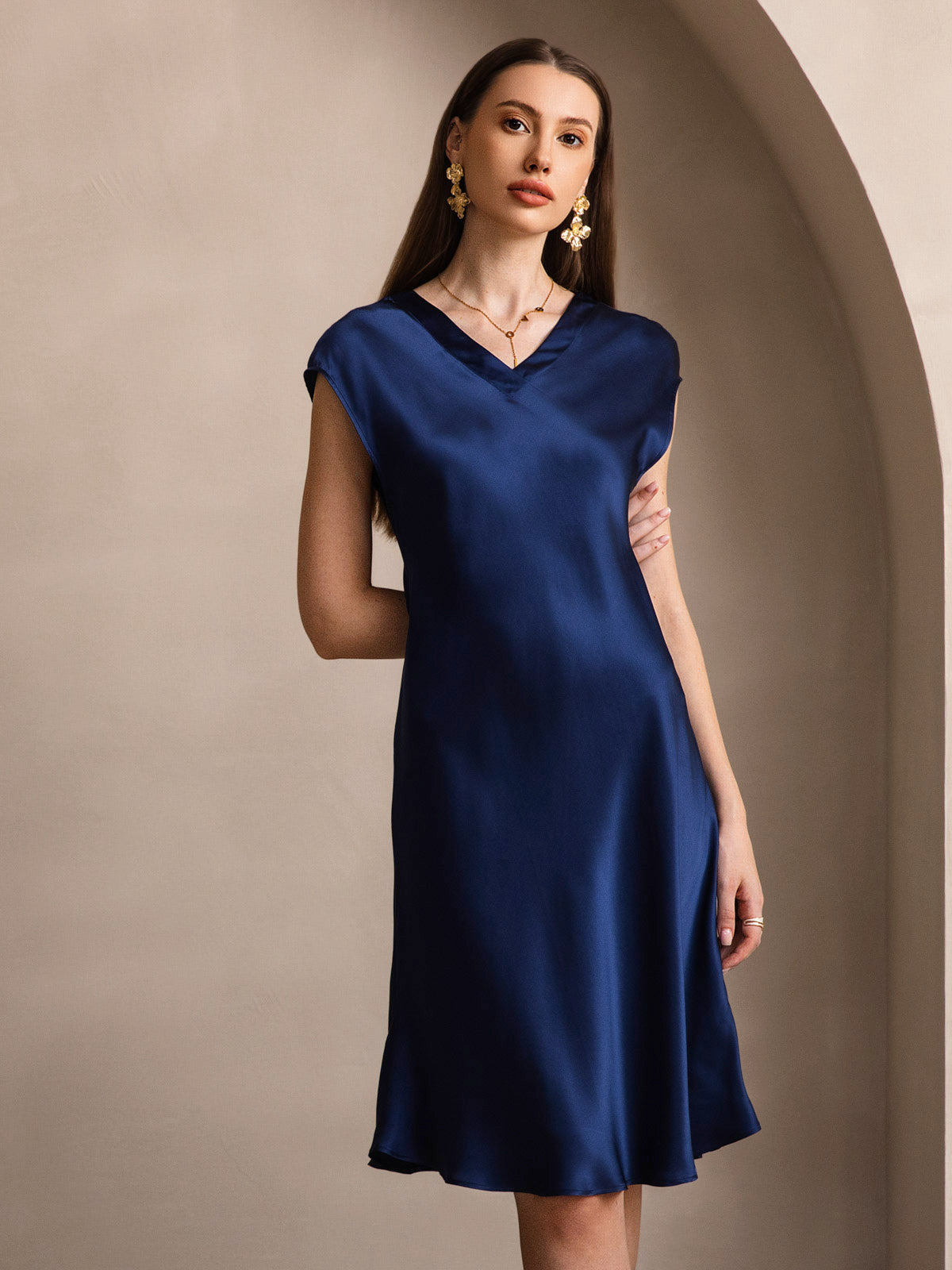 Rosstef 100% Mulberry Silk Cap Sleeve V Neck Dresses