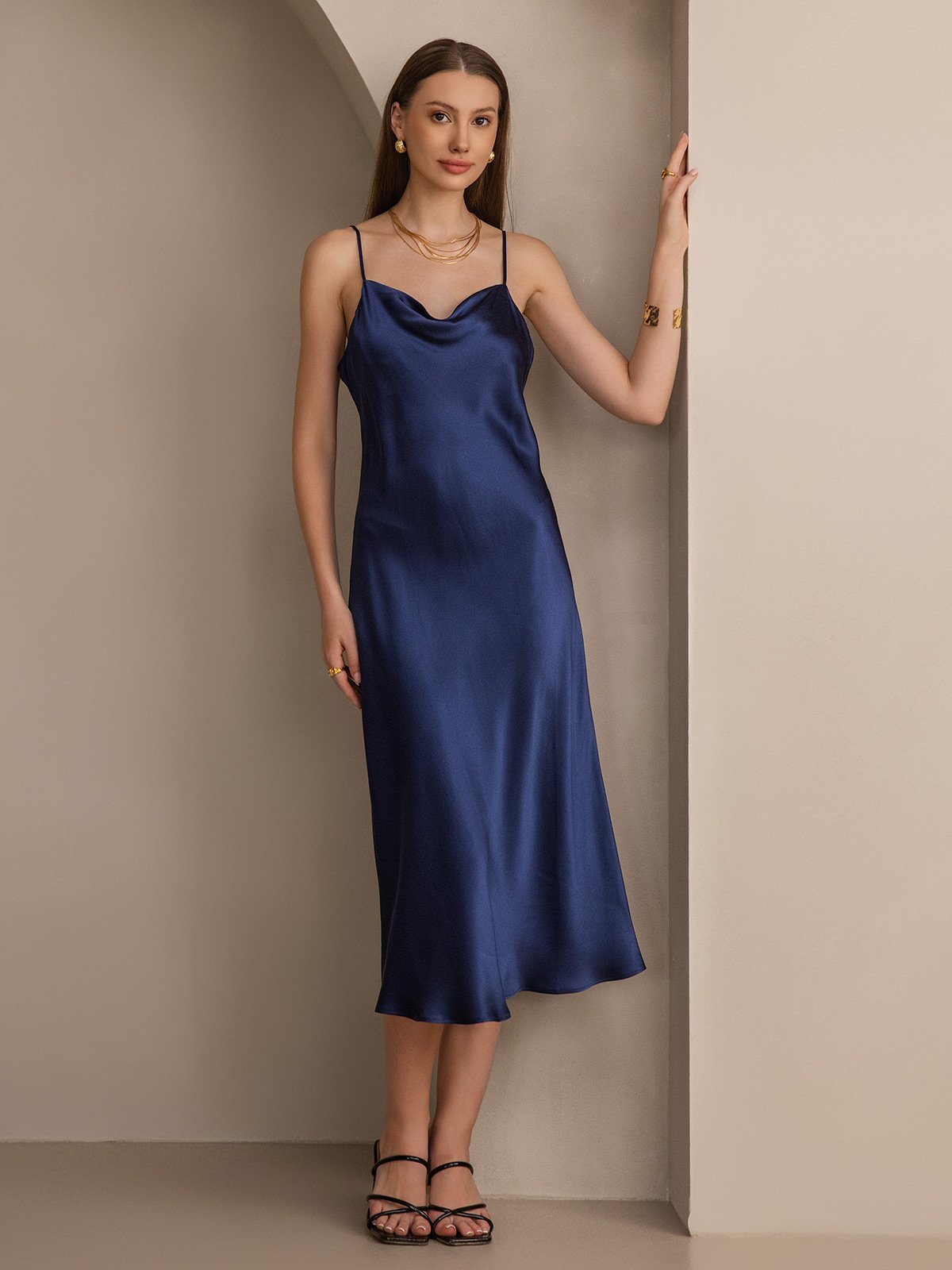 Rosstef Pure Silk Cowl Neck Midi Dress