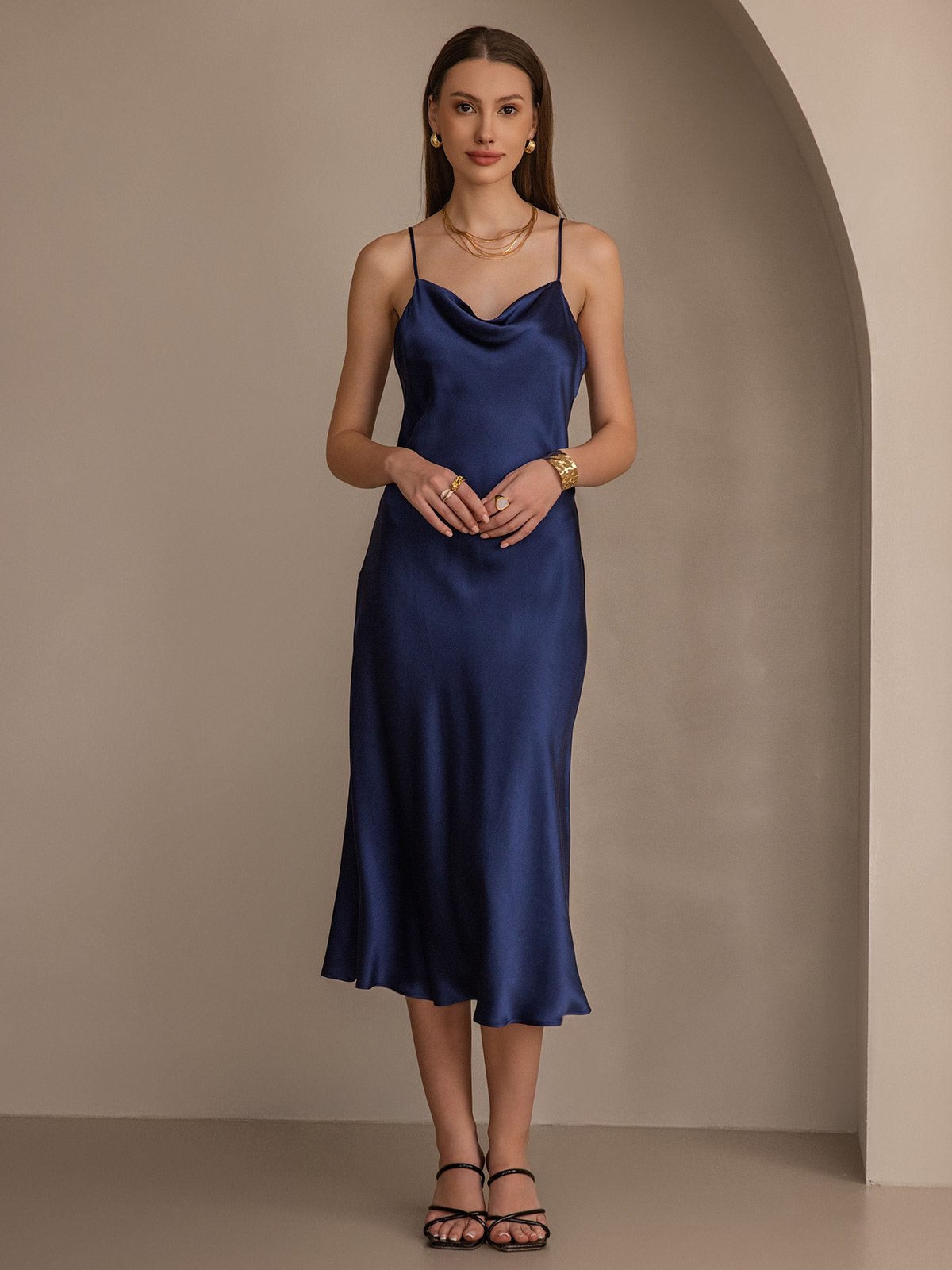Rosstef Pure Silk Cowl Neck Midi Dress
