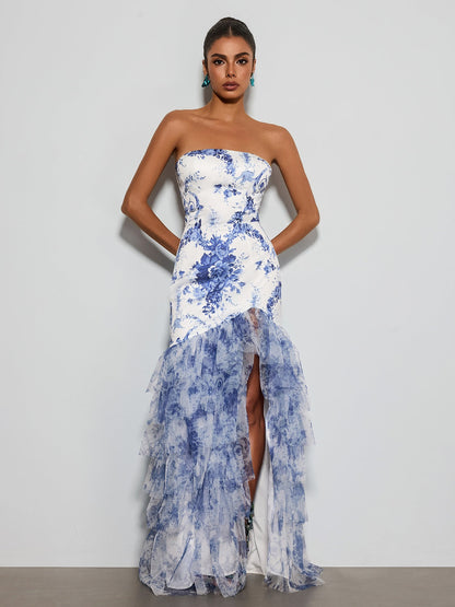 Decoherix Strapless Floral Split Maxi Dress