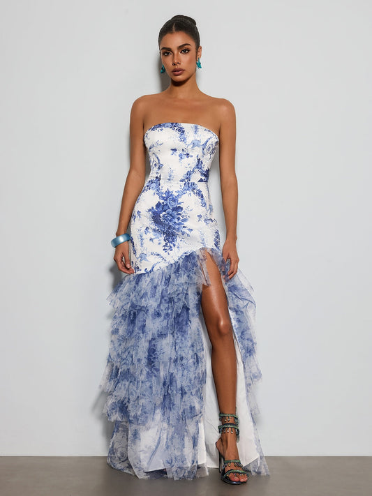 Decoherix Strapless Floral Split Maxi Dress