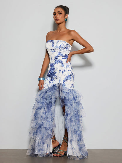 Decoherix Strapless Floral Split Maxi Dress