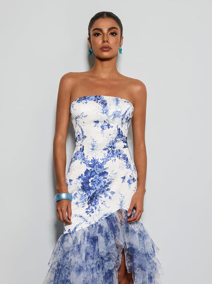Decoherix Strapless Floral Split Maxi Dress