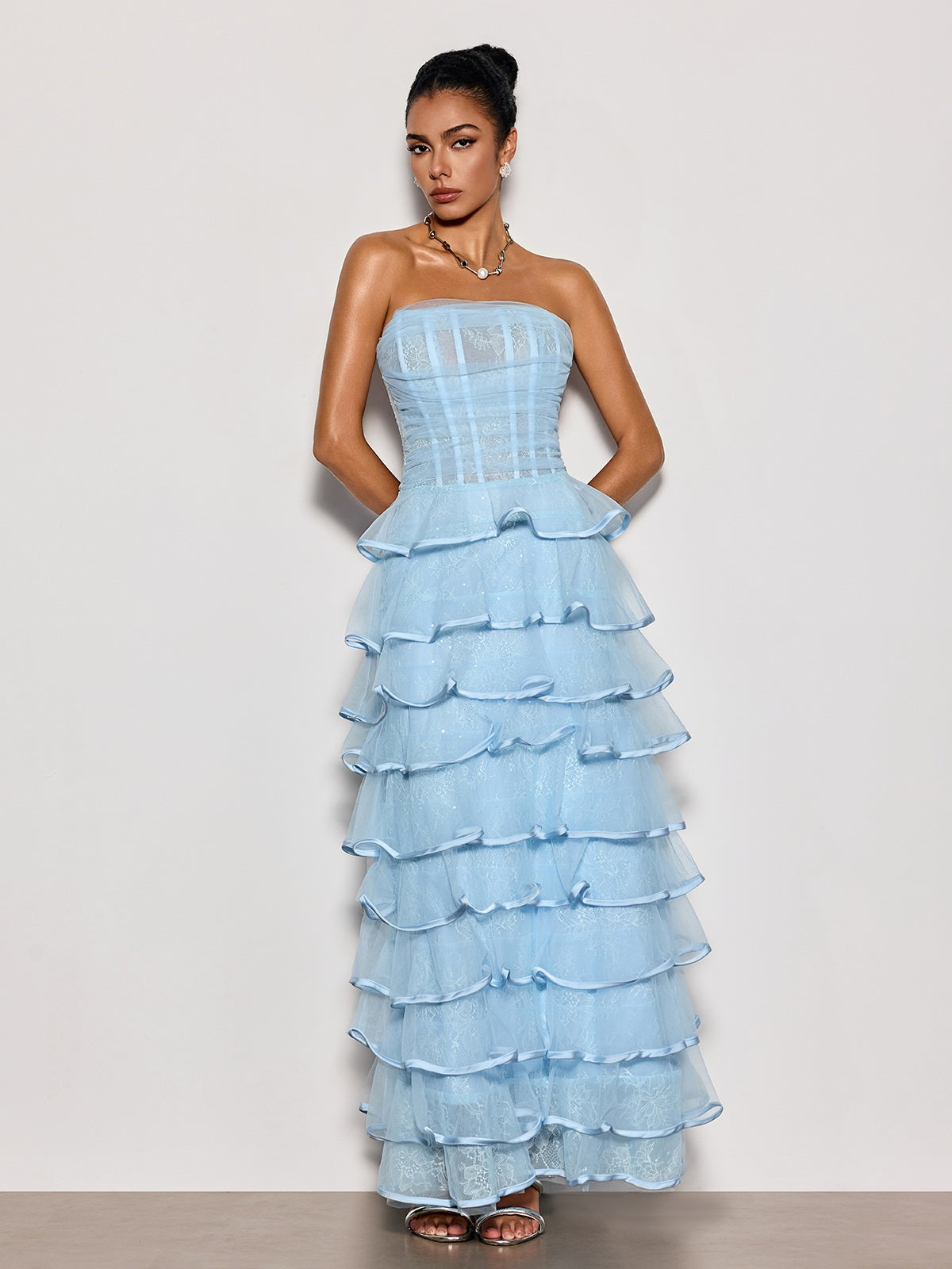 Delicah Strapless Ruffle Tiered Maxi Dress