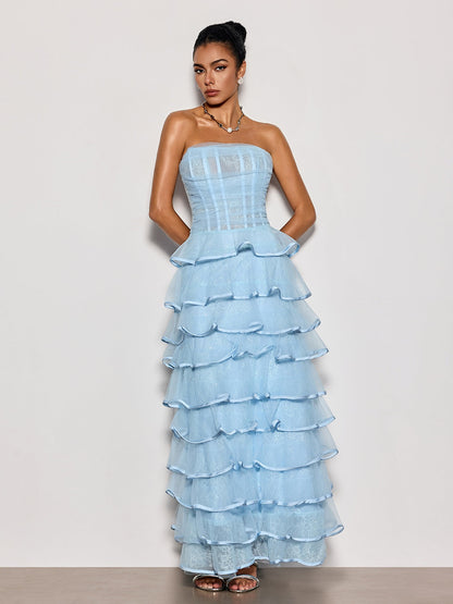 Delicah Strapless Ruffle Tiered Maxi Dress