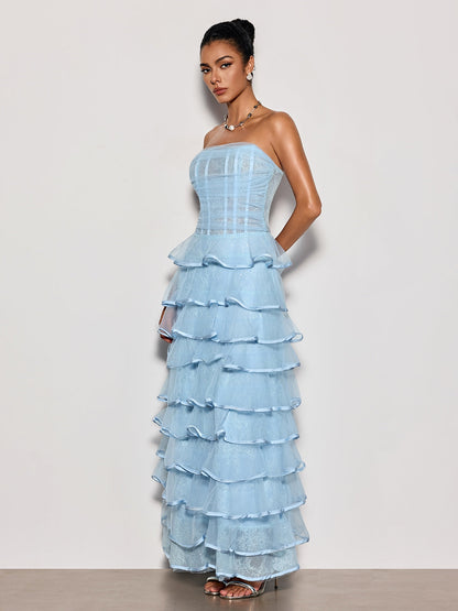 Delicah Strapless Ruffle Tiered Maxi Dress