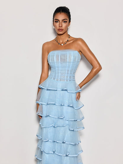 Delicah Strapless Ruffle Tiered Maxi Dress