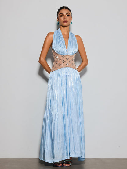 Delvion Halterneck Rhinestone Maxi Dress