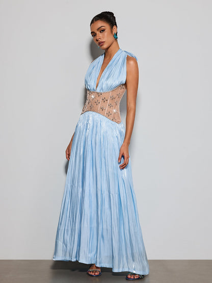 Delvion Halterneck Rhinestone Maxi Dress