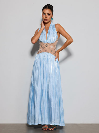 Delvion Halterneck Rhinestone Maxi Dress