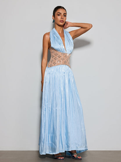 Delvion Halterneck Rhinestone Maxi Dress