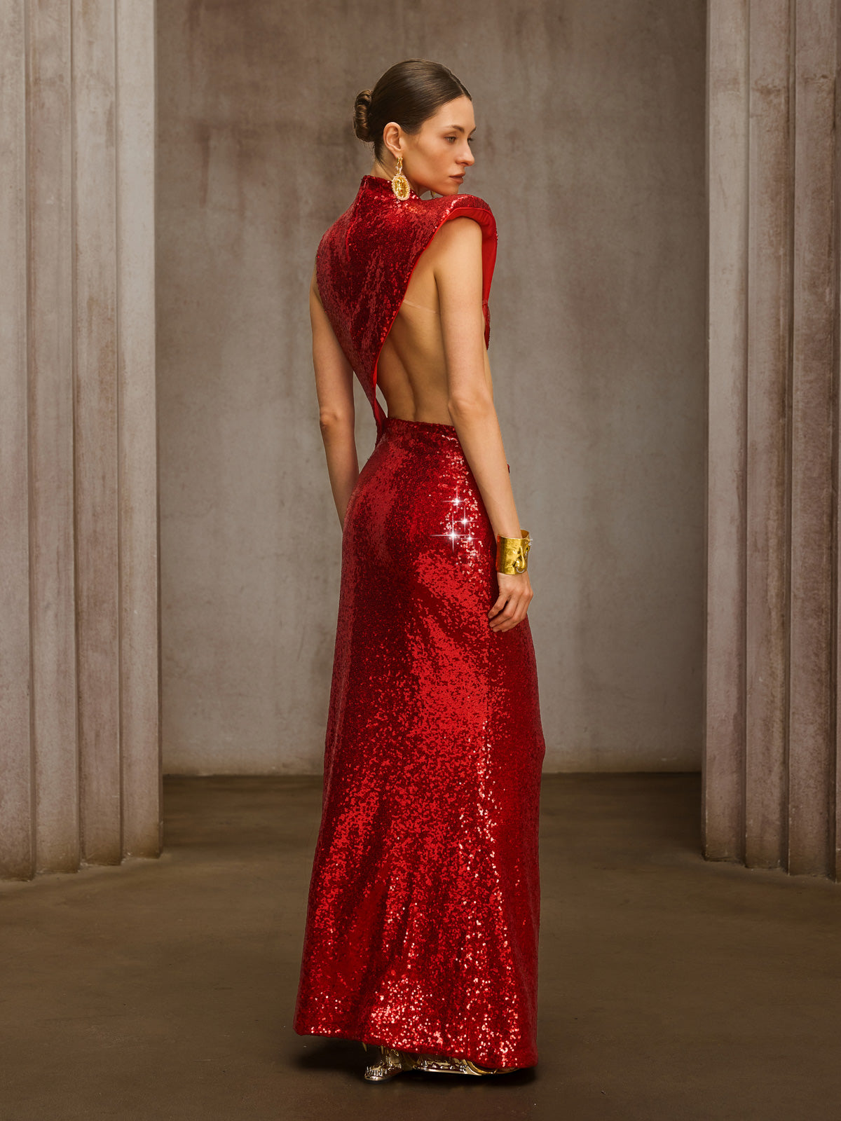 Delyxa Cutout Sequin Split Maxi Dress