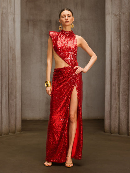 Delyxa Cutout Sequin Split Maxi Dress