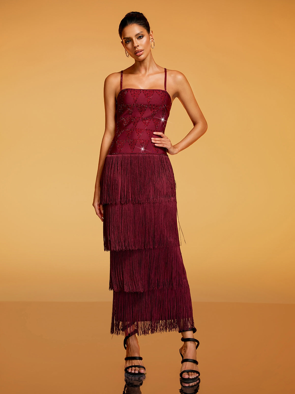 Rosstef Spaghetti Rhinestone Fringe Midi Dress
