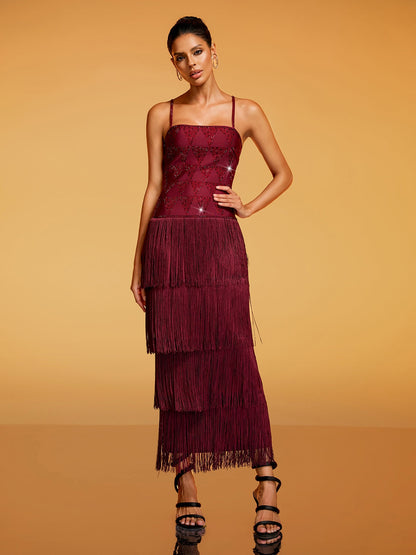 Rosstef Spaghetti Rhinestone Fringe Midi Dress