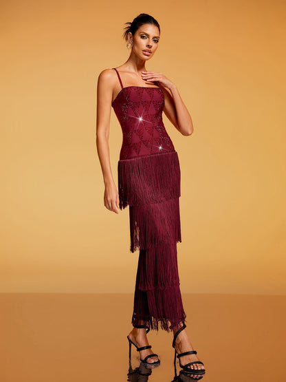 Rosstef Spaghetti Rhinestone Fringe Midi Dress