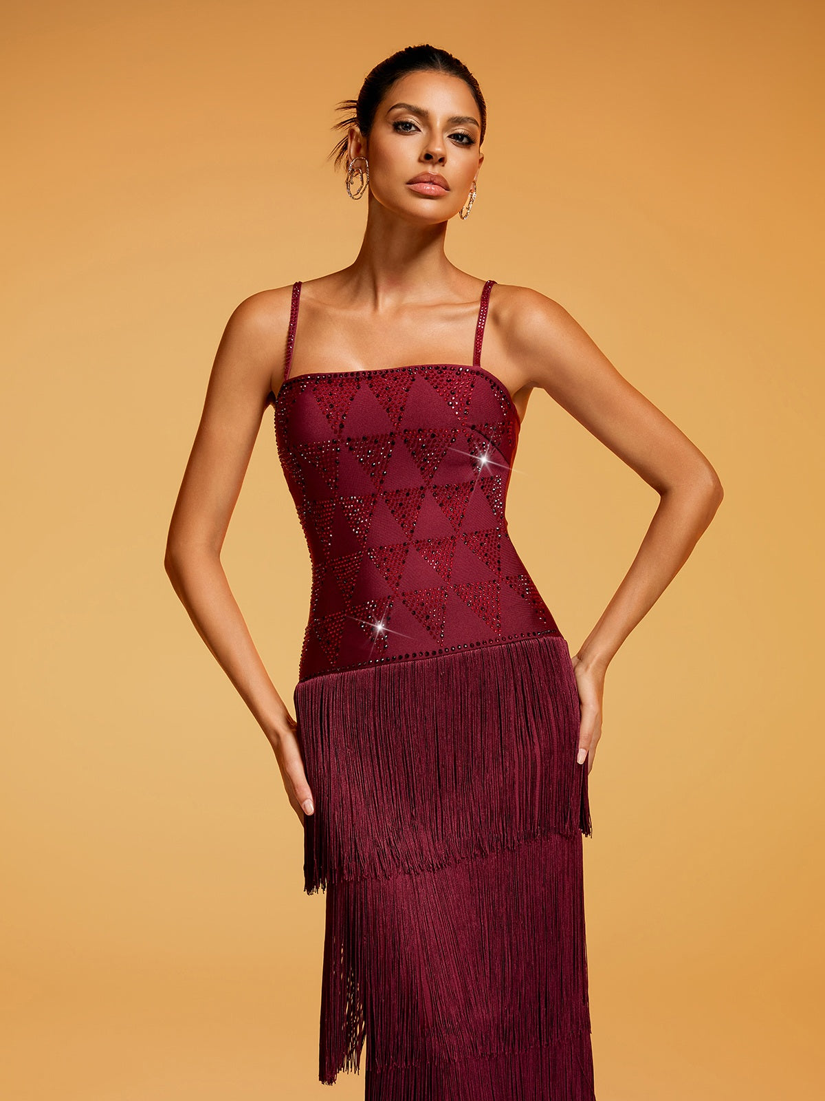 Rosstef Spaghetti Rhinestone Fringe Midi Dress