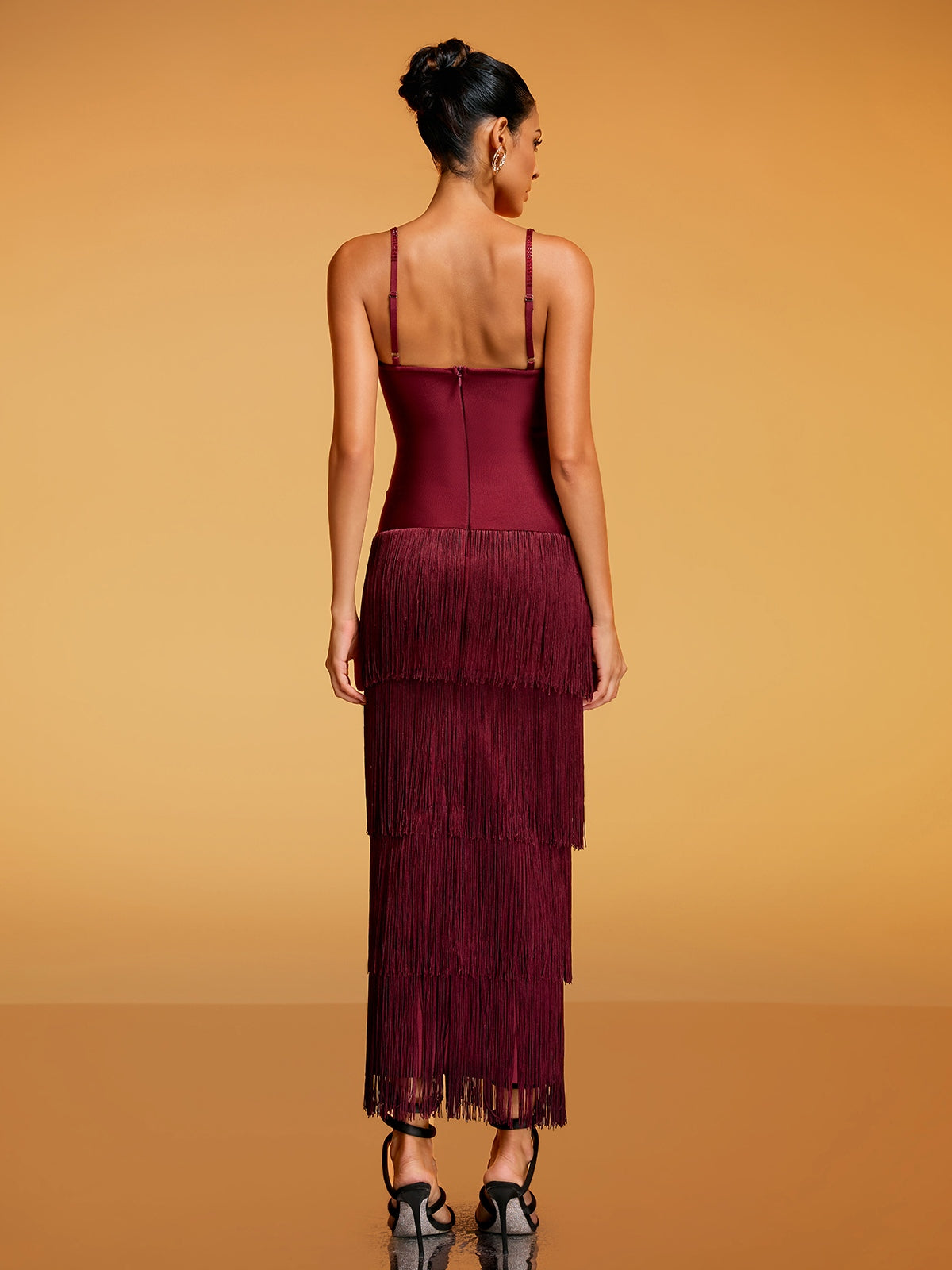 Rosstef Spaghetti Rhinestone Fringe Midi Dress