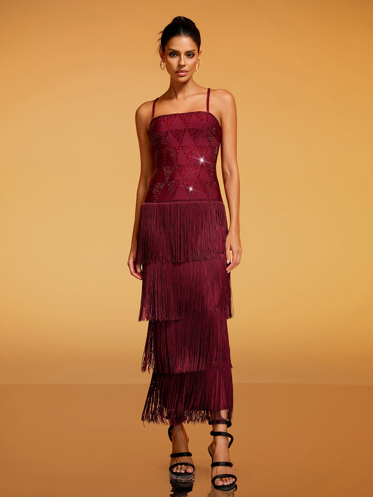 Rosstef Spaghetti Rhinestone Fringe Midi Dress