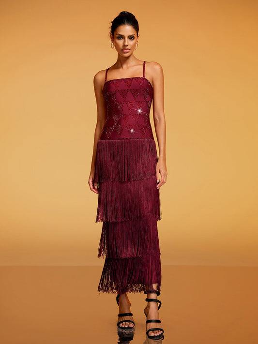 Rosstef Spaghetti Rhinestone Fringe Midi Dress