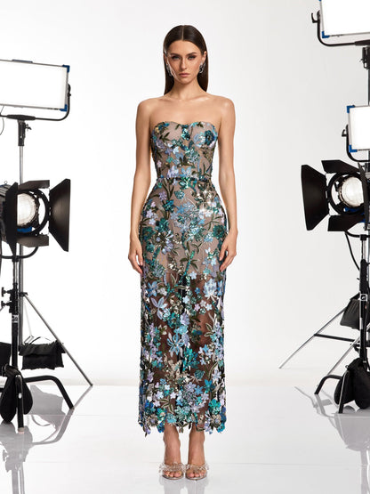 Rosstef Desta Flower Embroidered Sequin Midi Dress