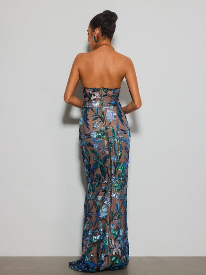 Destaing Strapless Floral Sequin Maxi Dress