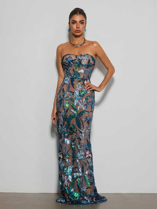 Destaing Strapless Floral Sequin Maxi Dress