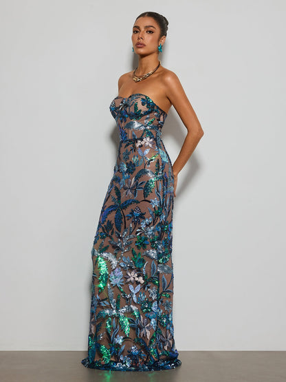Destaing Strapless Floral Sequin Maxi Dress