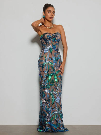 Destaing Strapless Floral Sequin Maxi Dress