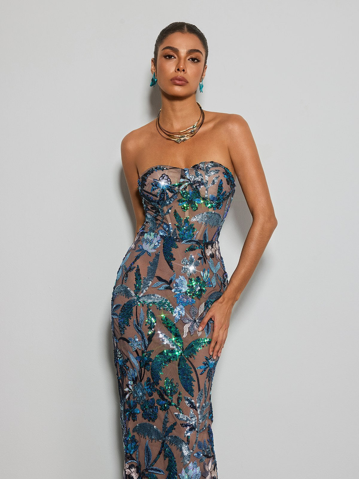 Destaing Strapless Floral Sequin Maxi Dress